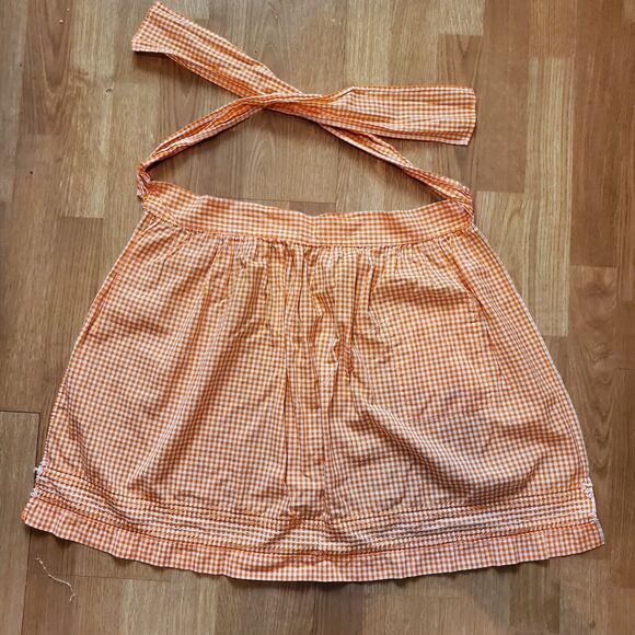 Vintage Handcrafted Half Apron Orange White Check 20" Long 63" Waist w/ Ties - Picture 3 of 3